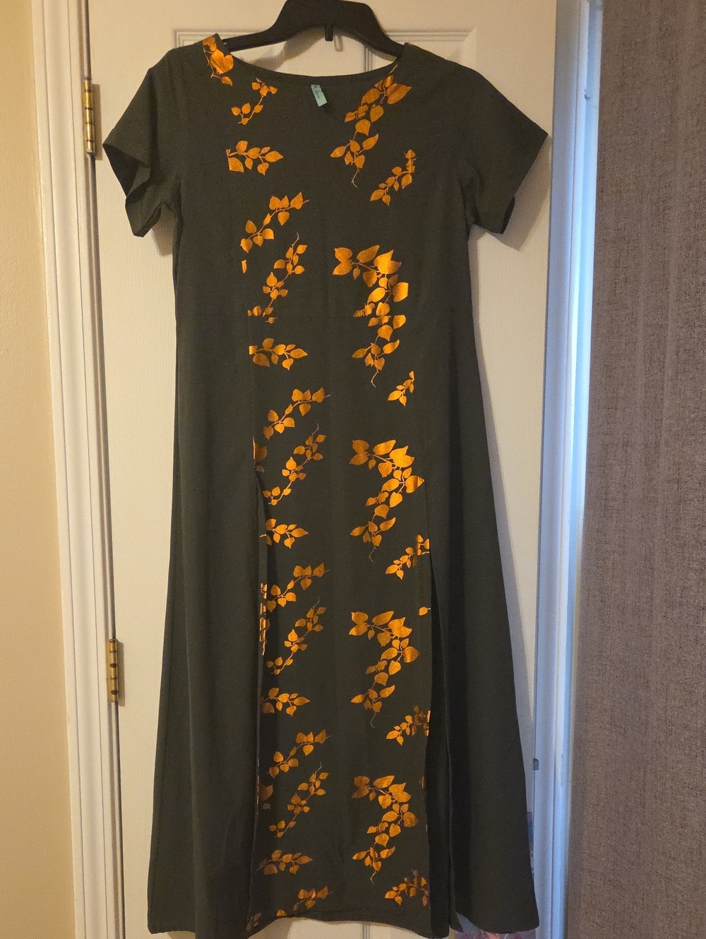 Olive Green Maxi Dress with Mustard Floral Accents